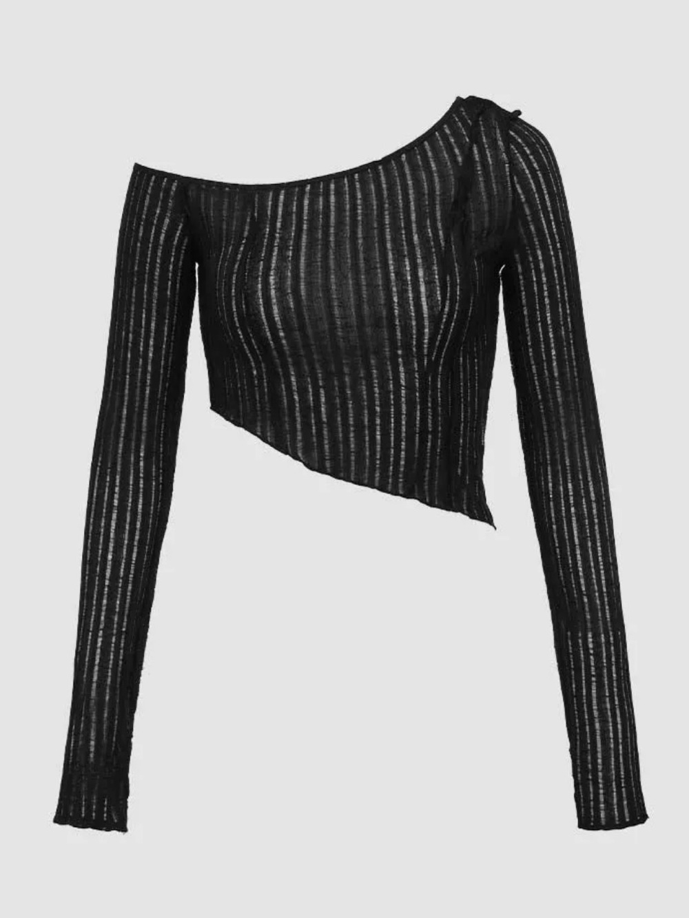 Asymmetric One-Shoulder Sheer Ribbed Top - Black